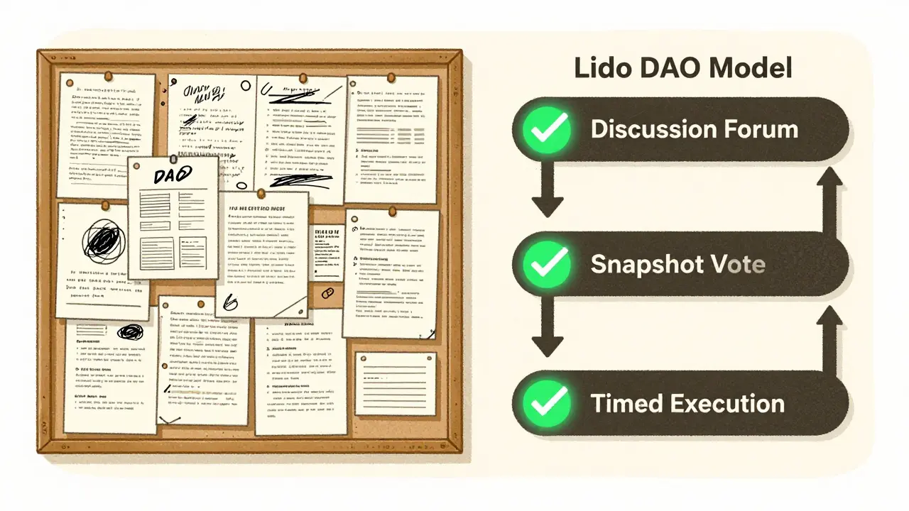 Contrast between chaotic proposal spam and the orderly Lido DAO governance process with three clear steps.
