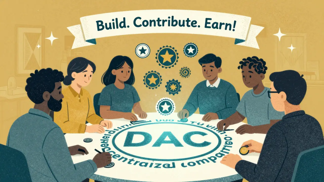 Diverse contributors placing METIS tokens into a DAC table, with reputation badges rising above them in risograph style.