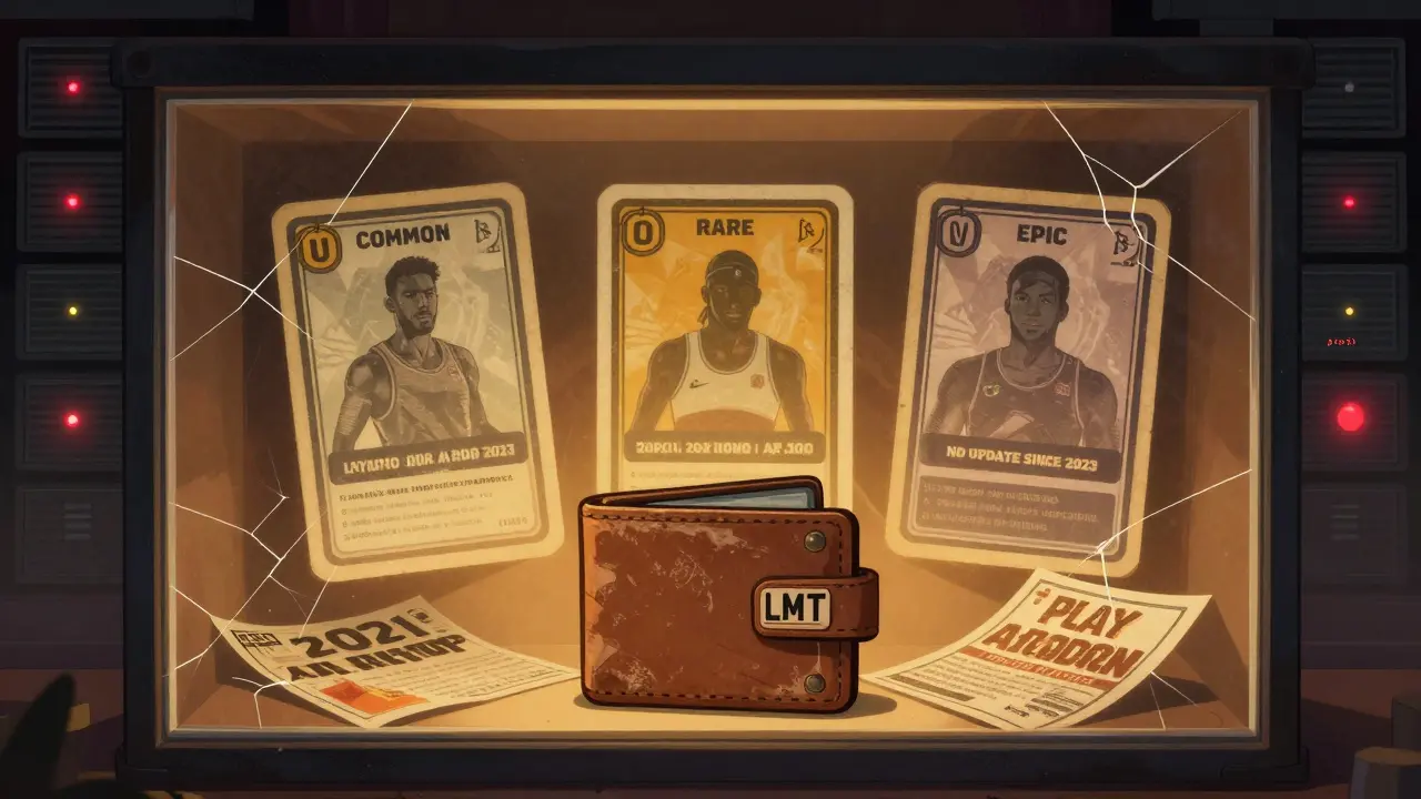 Dusty Lympo NFT cards in a glass case beside an empty wallet, surrounded by old airdrop flyers.