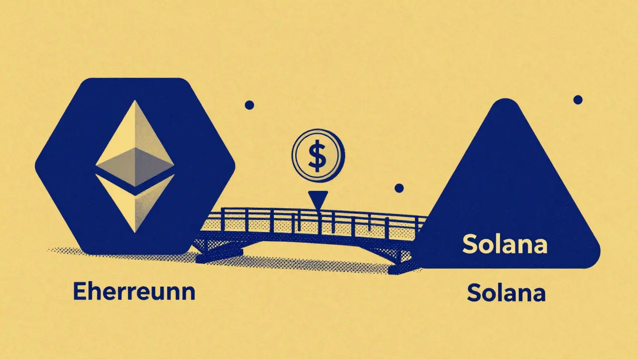 Ethereum and Solana networks transferring USDC via Chainlink oracles.
