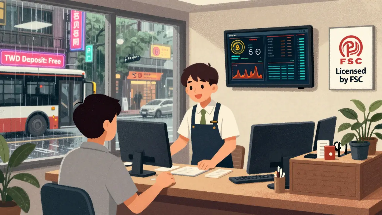 Friendly staff at MaiCoin HQ office in Taipei assists a customer, with 'Licensed by FSC' sign visible.