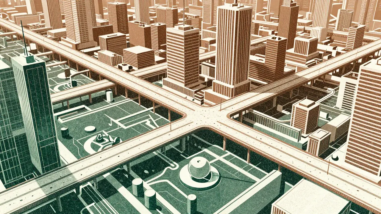 Futuristic cityscape with integrated blockchain networks and seamless pathways.