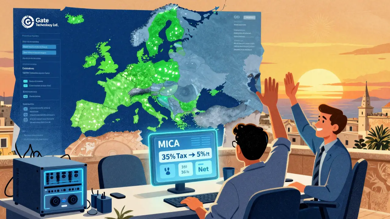 Gate Technology team celebrating as a European map lights up with MiCA license approval in risograph cartoon style.