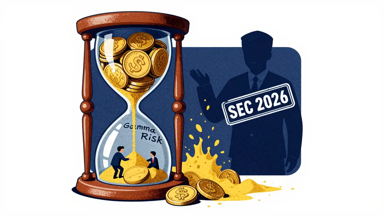 Giant hourglass of crypto coins draining into a gamma risk vortex, traders clinging as it breaks.