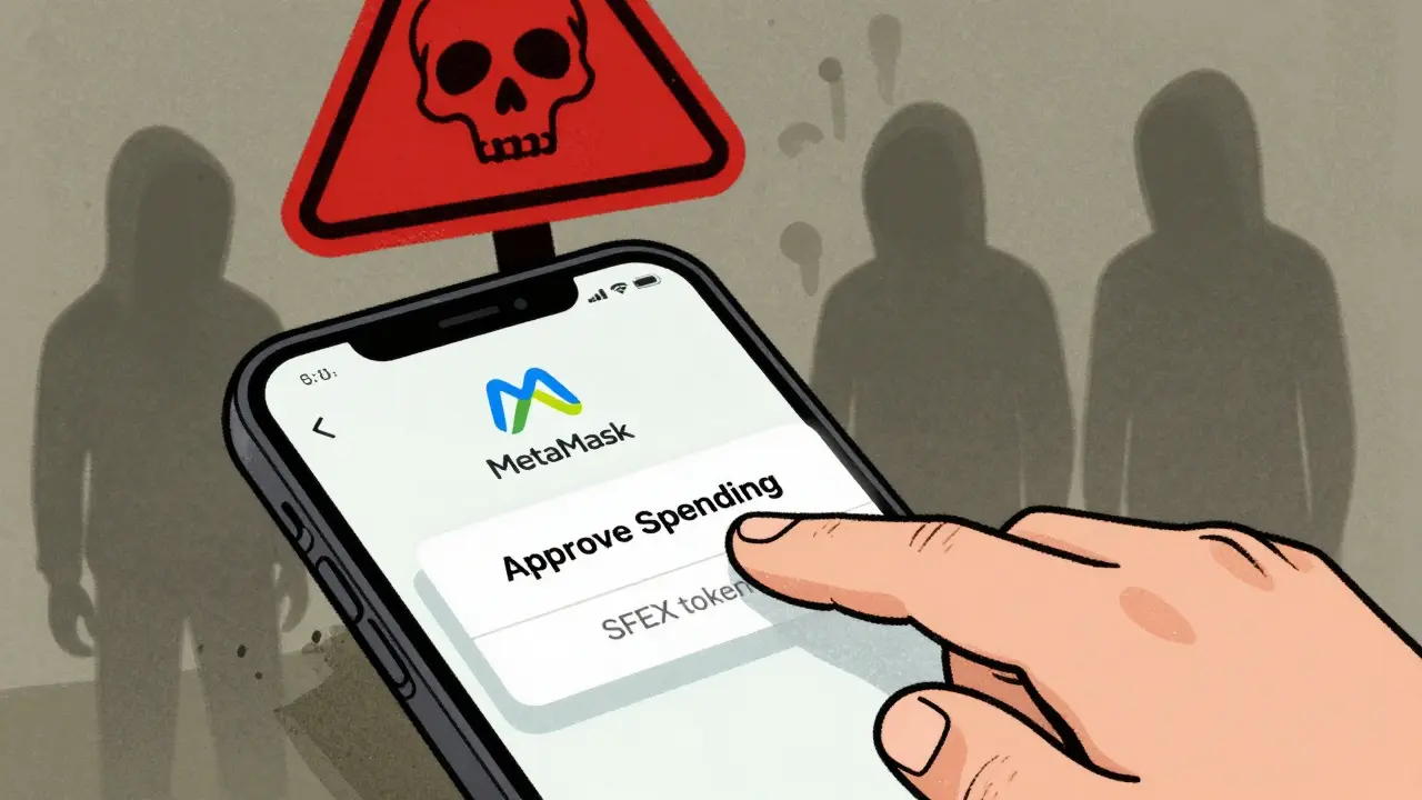 Hand hovering over a phone showing a malicious 'Approve Spending' prompt for SFEX tokens, with ghostly hackers emerging and a skull warning sign above.