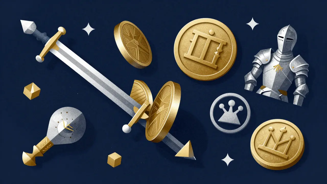 KNIGHT token morphing into weapon, armor, and governance symbol in geometric style