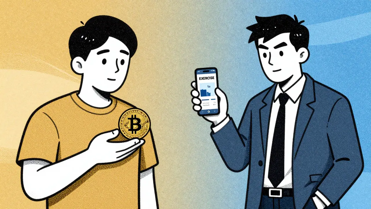 Split scene: crypto holder vs. active trader clicking 'EXERCISE' on a mobile device before an option expires.