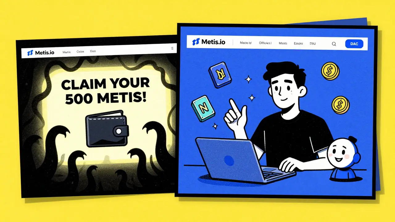 Split scene: left shows a phishing site draining a wallet, right shows safe staking on official portal with NFTs and DAC avatar.