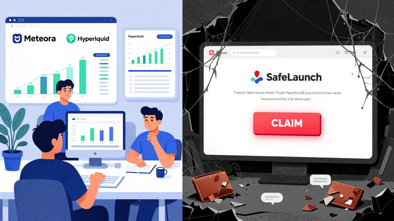 Split scene: vibrant legitimate crypto launchpad on left, crumbling 'SafeLaunch' website on right with a pulsing red 'CLAIM' button.