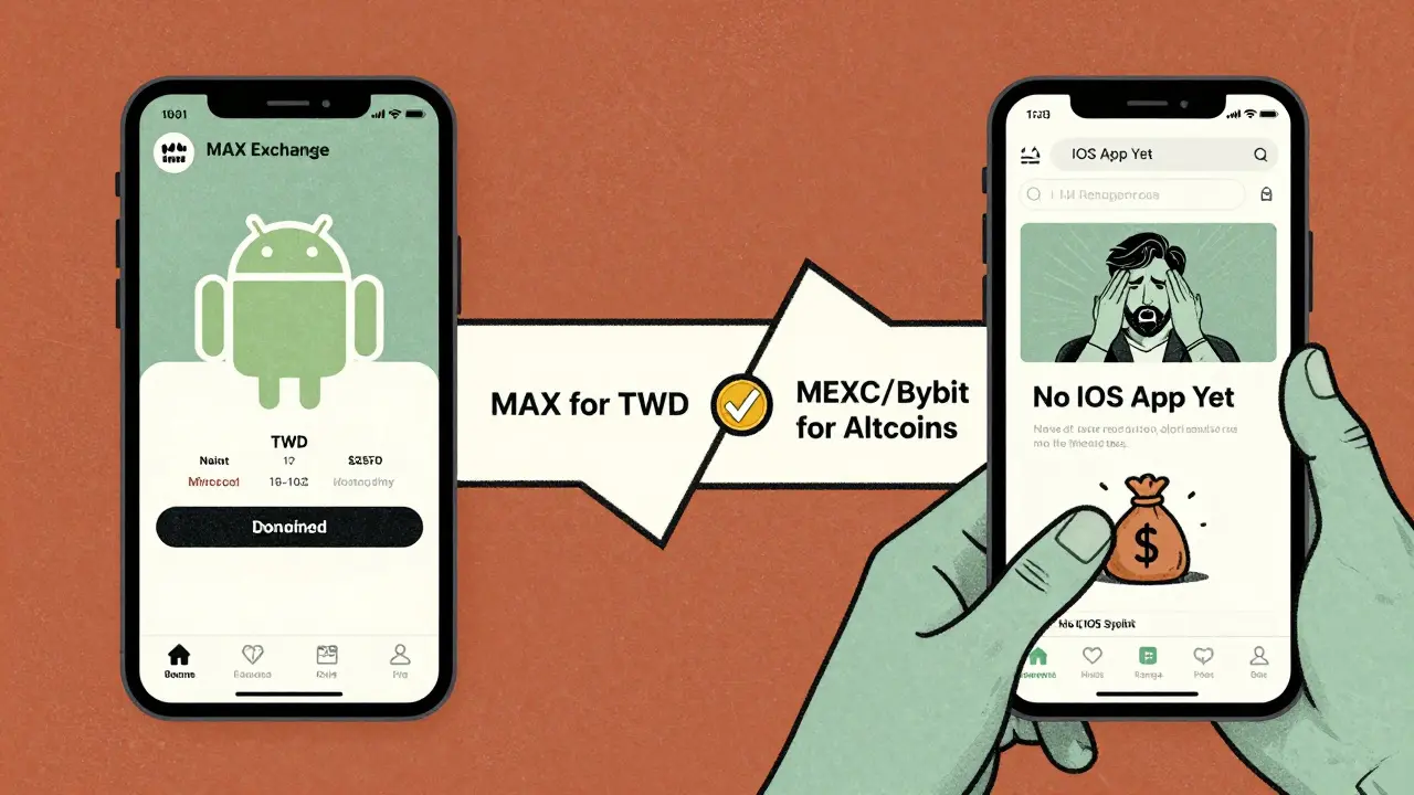 Split-screen: Android user顺利 deposits TWD on MAX app, iPhone user struggles with mobile browser — 'No iOS App Yet'.