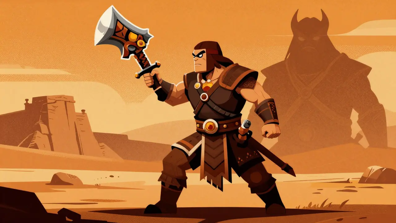 Warrior in Arena combat with rare NFT weapon against desert background featuring Gronn's silhouette