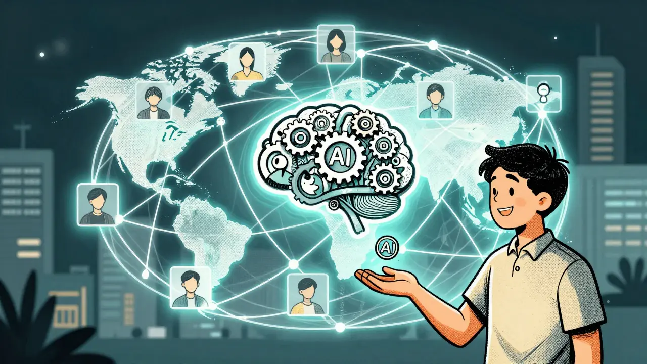 A blockchain network connecting global voice recordings to an AI brain, with a user receiving a TADA token.