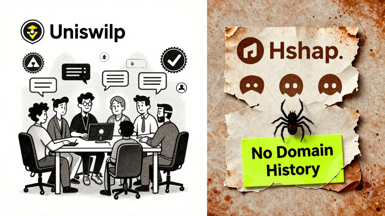 A comparison of a legitimate crypto exchange versus a crumbling Hswap impostor, with audit seals and empty chat icons.