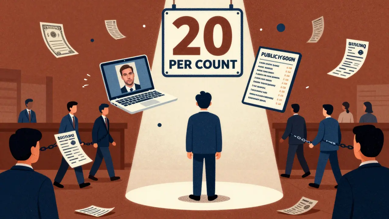 A courtroom scene with digital evidence and a '20 YEARS PER COUNT' sign in a stylized risograph aesthetic.