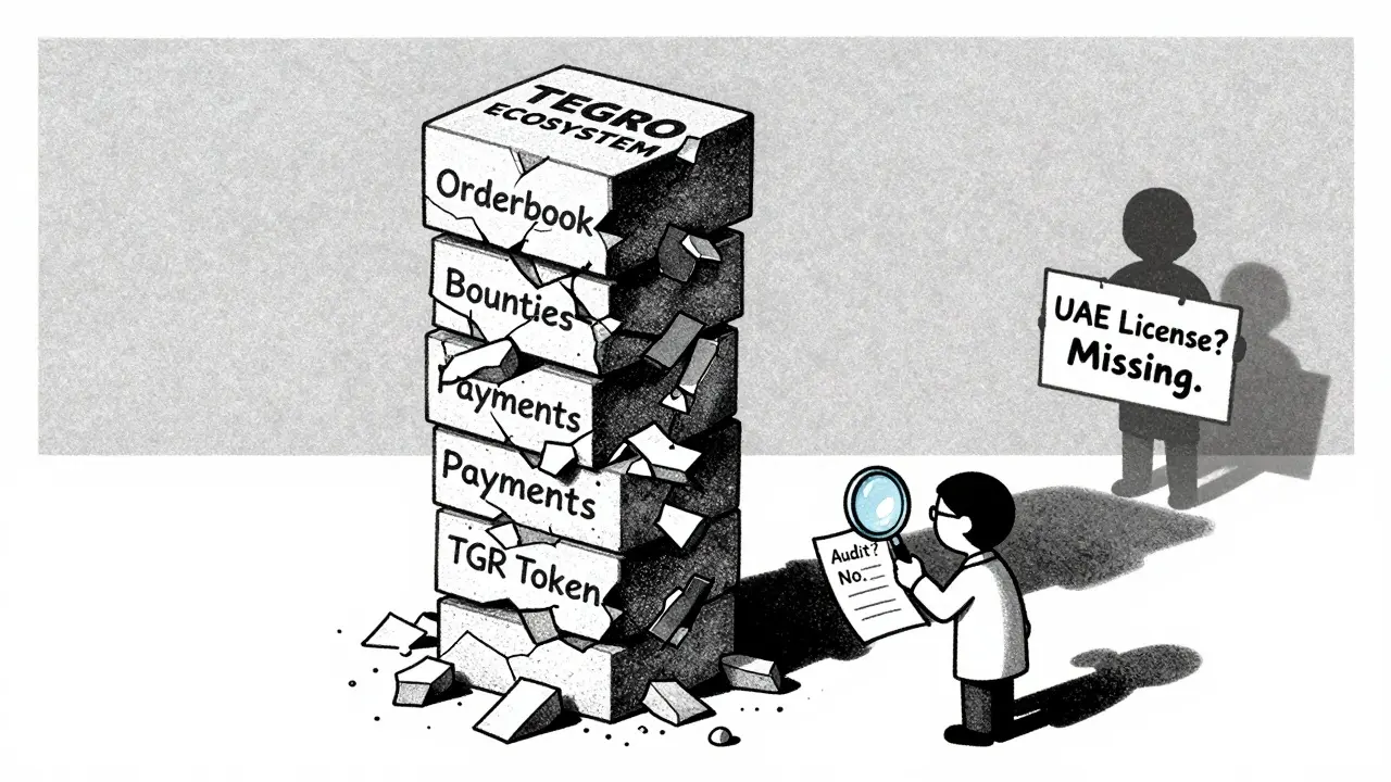 A crumbling tower labeled 'TEGRO ECOSYSTEM' with missing blocks, a tiny figure examining a note saying 'Audit? No.', and a shadowy figure holding 'UAE License? Missing.'