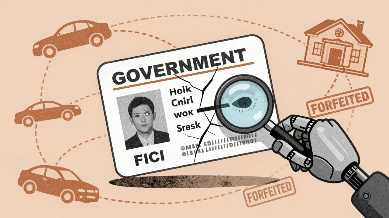 A forensic examination of a forged ID revealing AI detection flaws, with blockchain trails leading to seized assets.