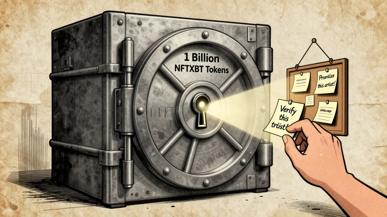 A locked vault of 1 billion NFTXBT tokens shines a light onto a community board where users submit feedback to guide the AI.