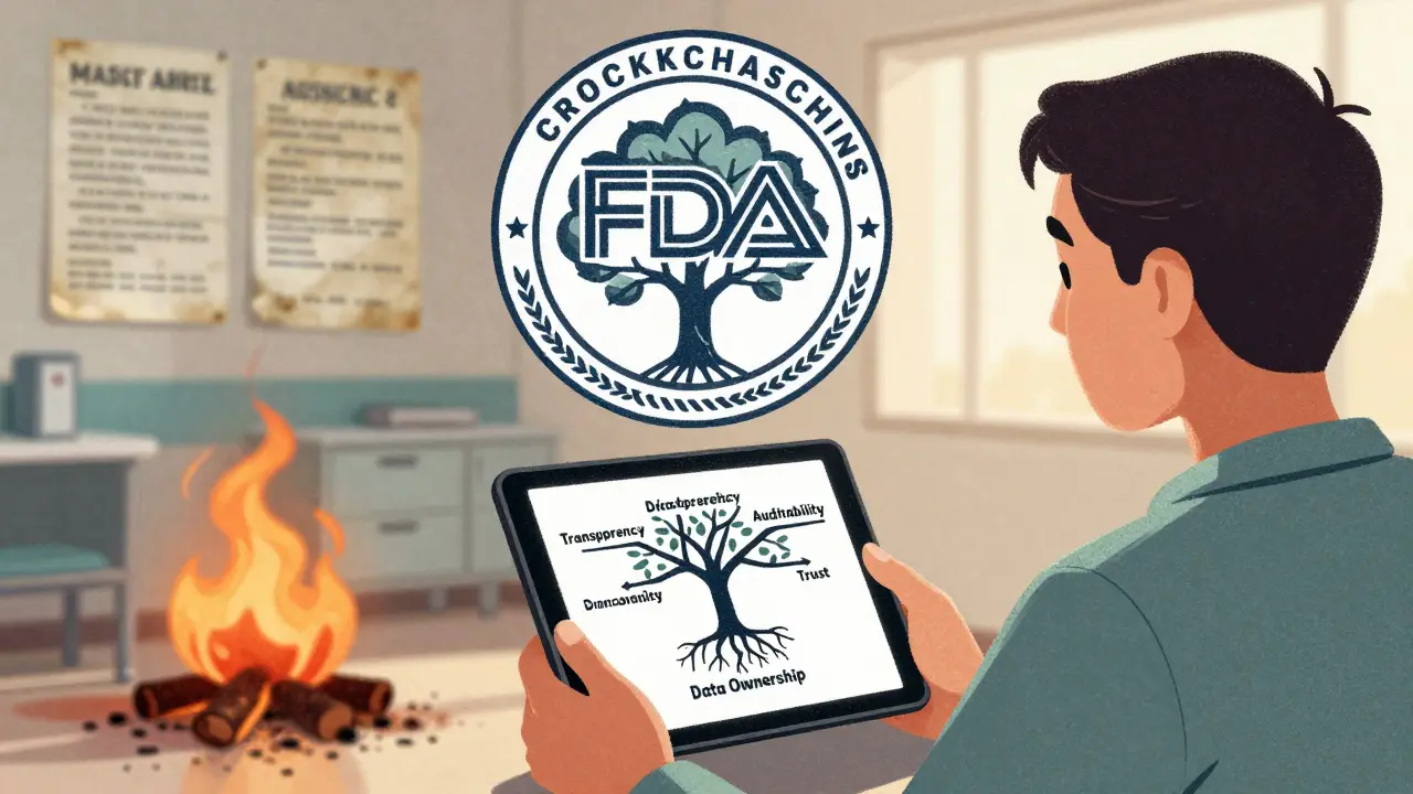 A patient holds a tablet showing a blockchain tree of trust, while old paper records burn in the background.