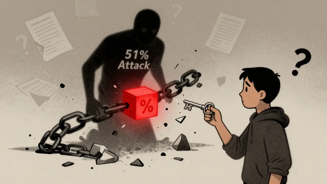 A person dropping a key as a shadowy figure threatens a fragile blockchain, with crumbling ledgers in background.