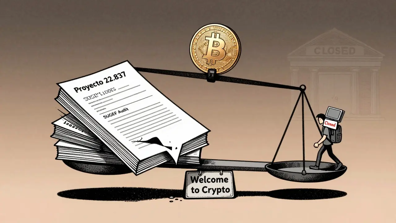 A scale tipped by legal documents crushing a crypto sign, while a figure walks away from a closed bank under a hazy sunset.