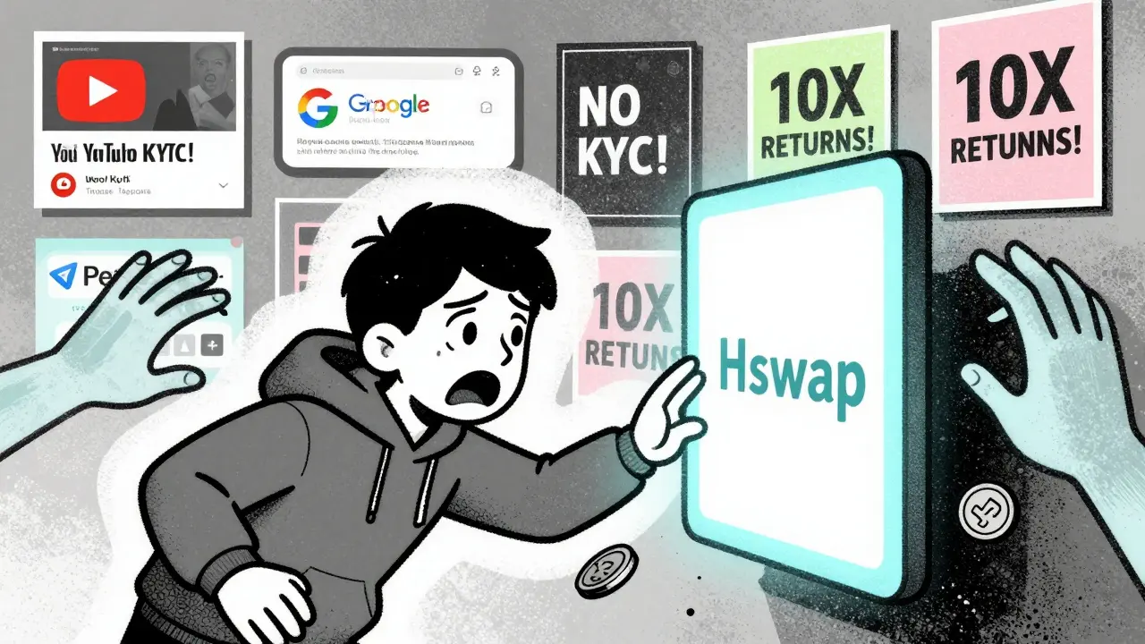 A user reaches toward a deceptive Hswap portal while ghostly ads scream false promises of no KYC and 10x returns.