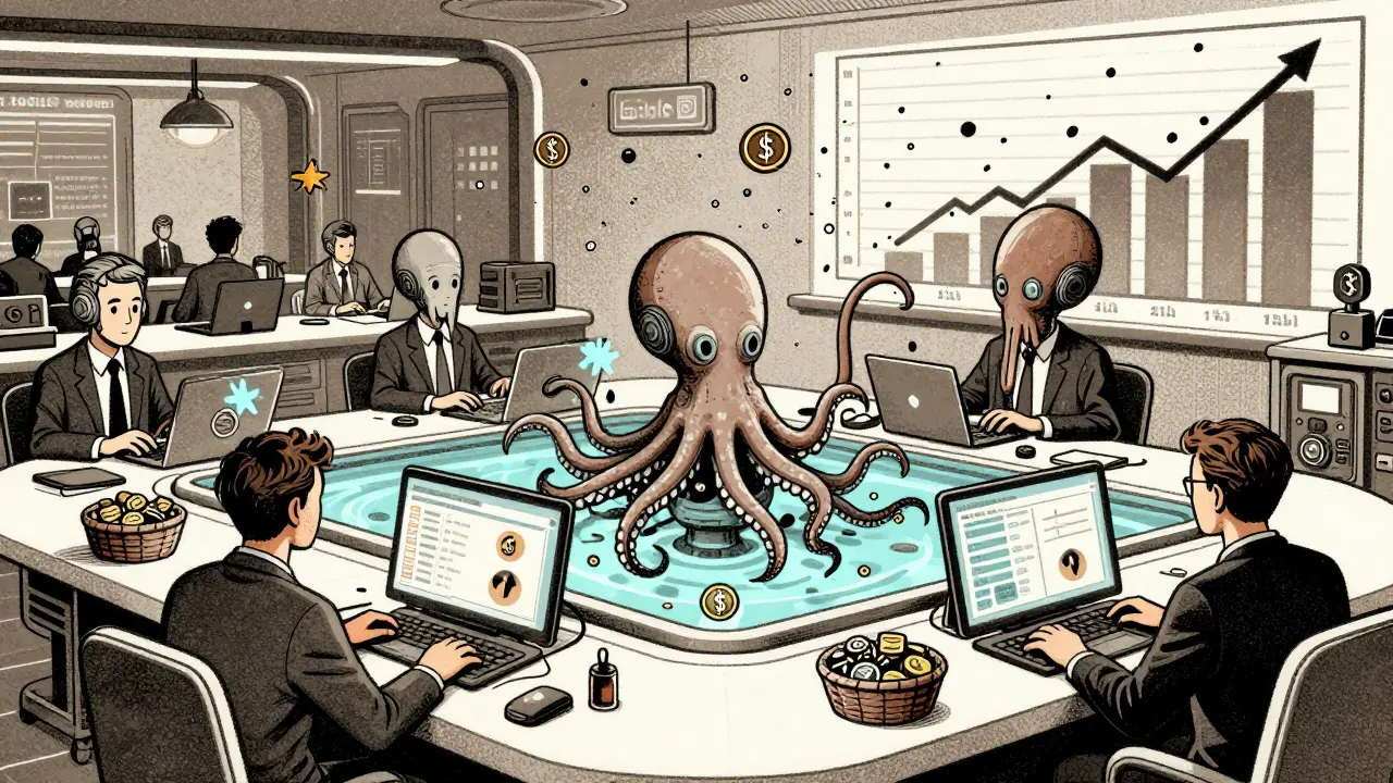 AI octopus managing liquidity pools, hedge funds trading token baskets, mural token rising with shares.