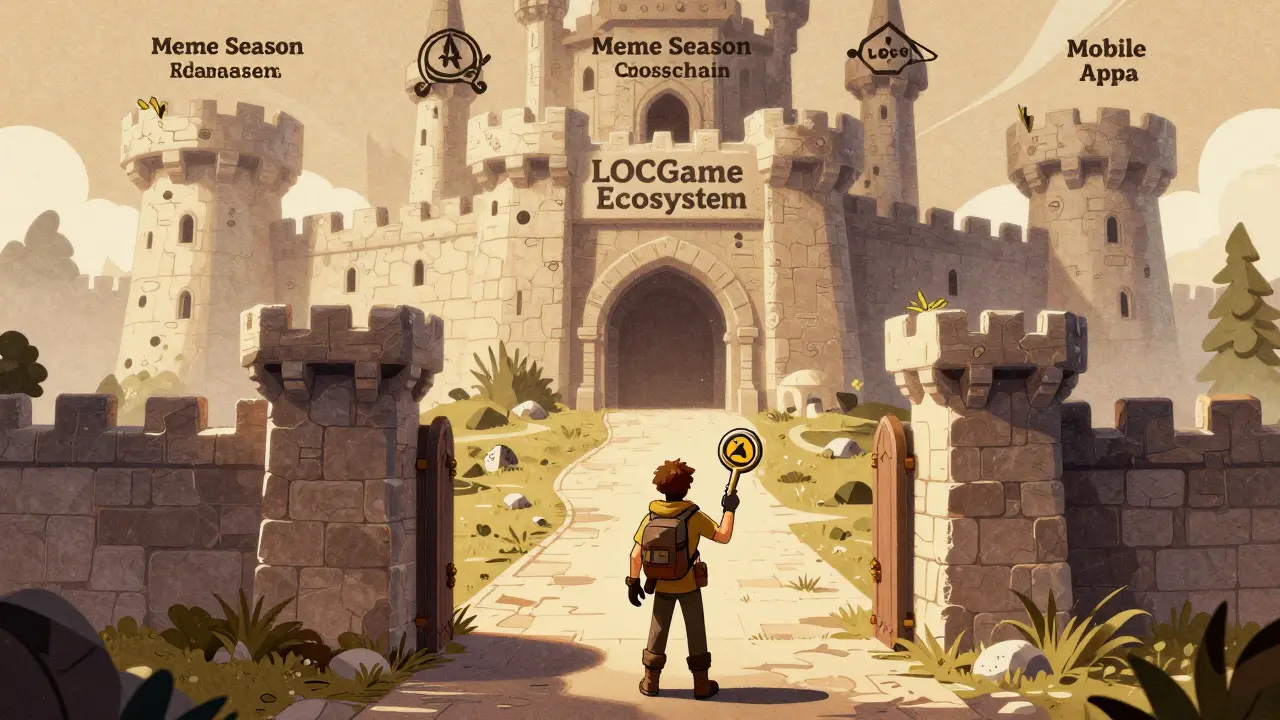 An adventurer holds a LOCG token key at the entrance of a castle representing the LOCGame ecosystem.