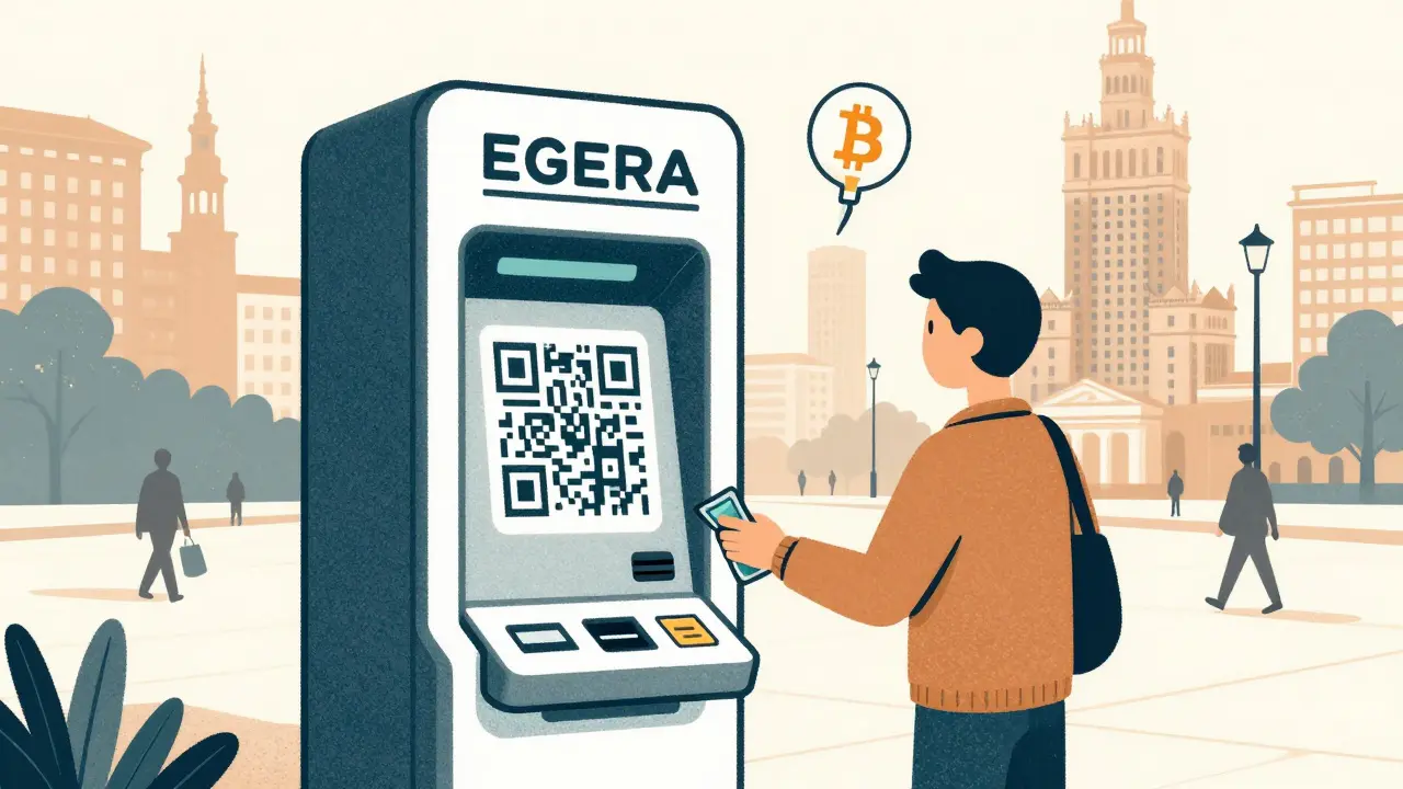 An EGERA crypto kiosk in a Polish city where someone deposits cash and receives Bitcoin.