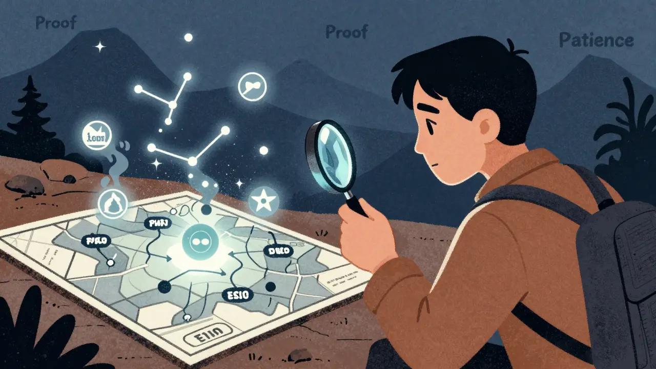 An explorer using a magnifying glass to find verified blockchain contracts, while fake tokens vanish into smoke.