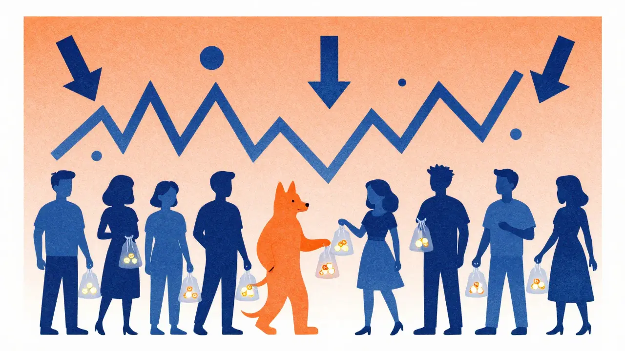 Cartoon characters holding digital tokens near stylized market arrows representing trading and community.