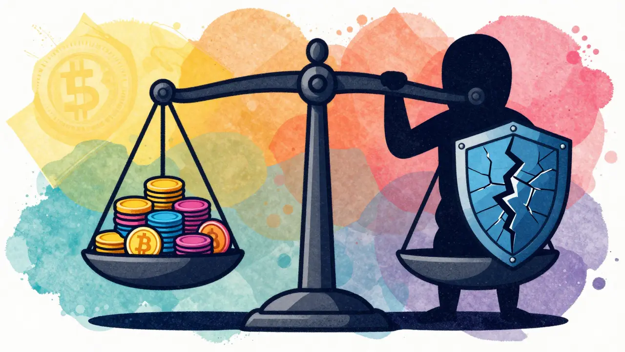 Cartoon scale balancing crypto tokens against a cracked risk shield.