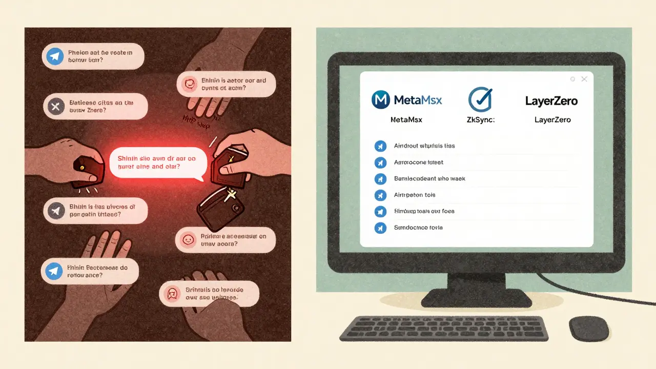 Contrasting chaotic phishing Telegram chat on left with calm, verified crypto projects on right, in risograph style.