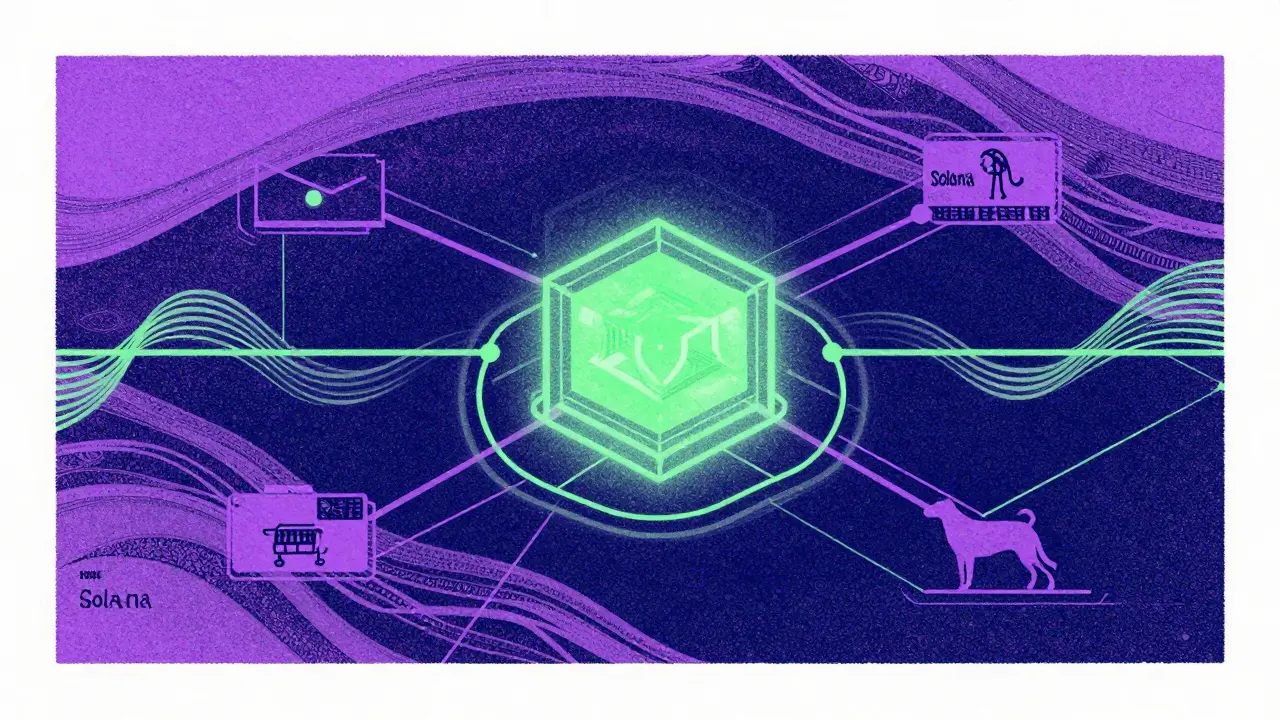 Digital network nodes and particles representing blockchain technology infrastructure in an abstract illustration.