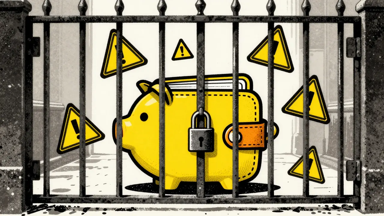 Digital wallet blocked by a metal security barrier illustration.