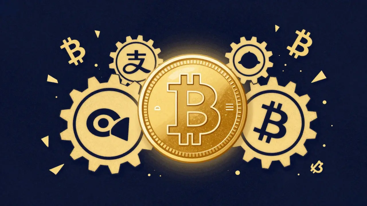 Digital yuan coin at center, Alipay and WeChat Pay gears turning, crypto symbols crumbling.