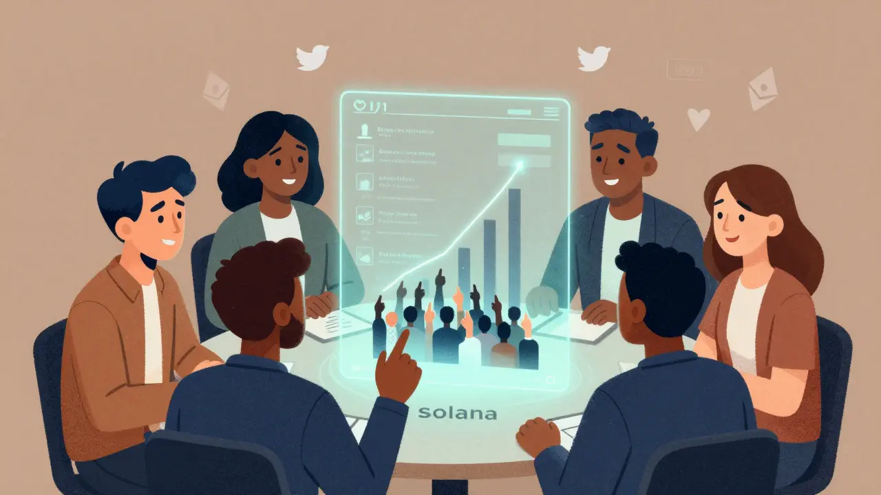 Diverse NFT collectors observe a holographic signal showing a rising 1/1 artwork, surrounded by fading market noise.