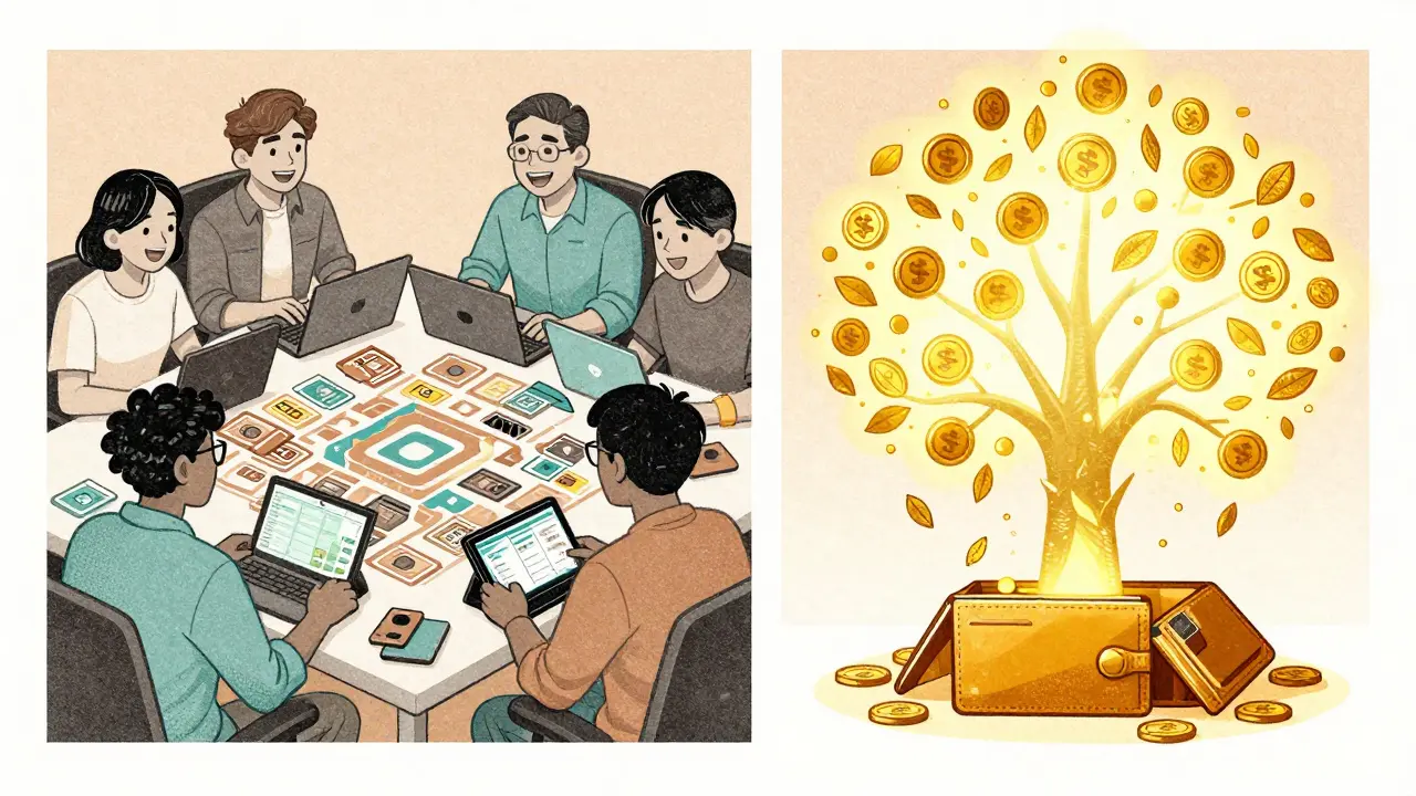 Gamers playing LOCGame while LOCG tokens fall like leaves from a CoinMarketCap token tree in retro color palette.