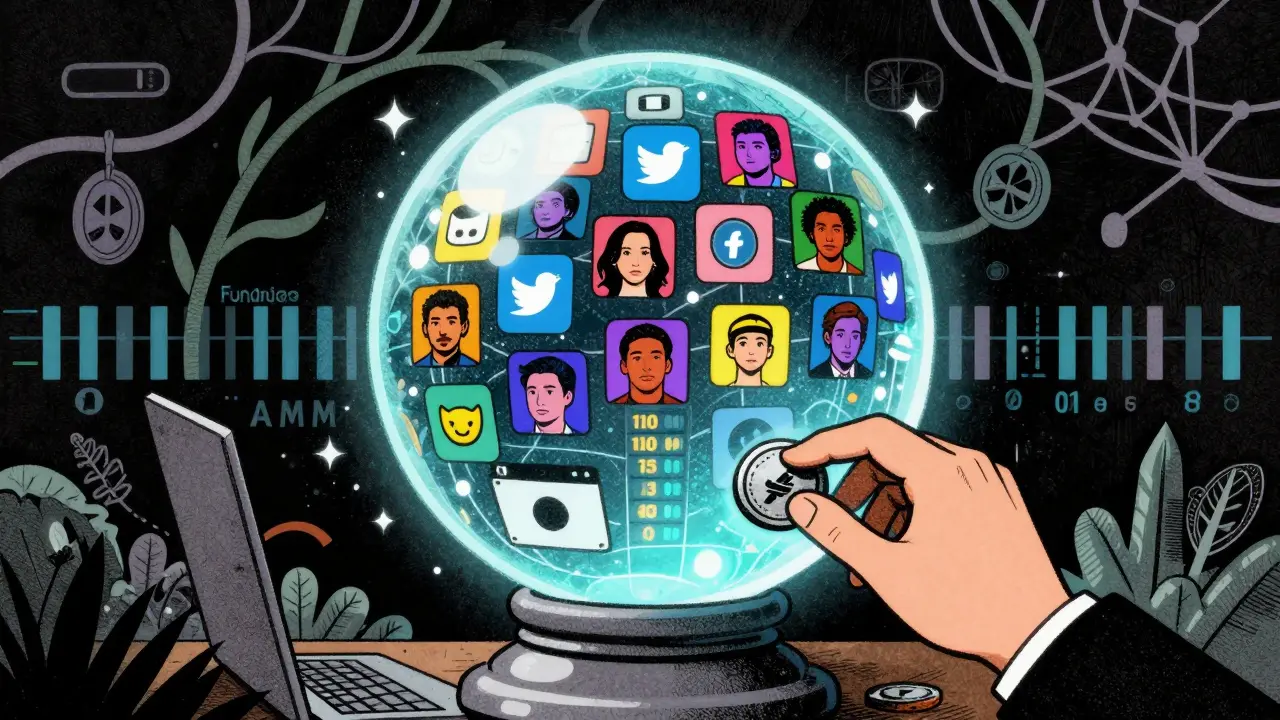 Glowing oracle pool with memes and tweets inside, price shifting based on social engagement data.