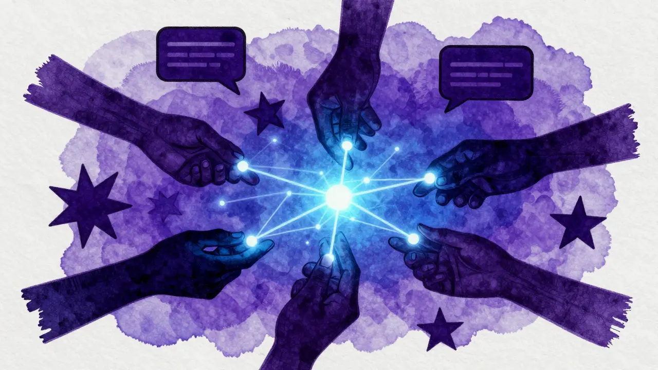 Hands exchanging tokens in screen print illustration