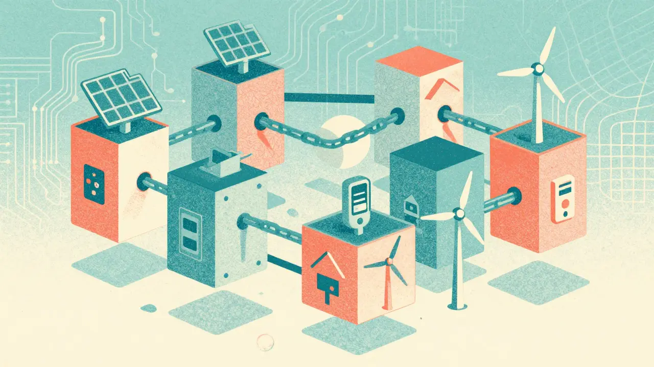 Interconnected blockchain blocks securing renewable energy transaction data