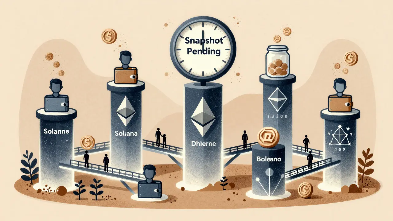 Multi-chain DeFi towers with wallet users farming tokens, under a clock marked 'Snapshot Pending' with empty token jars.