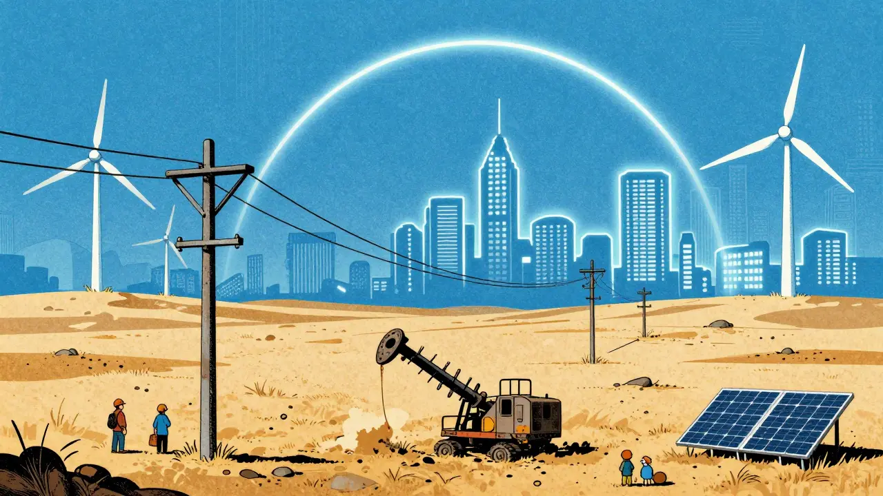 New HVDC transmission line connecting renewable energy to cities, with abandoned mining rigs nearby.