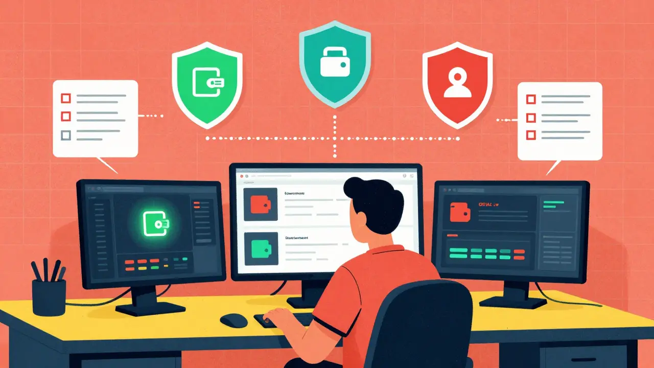 Person checking wallet compliance with security shield icons and warnings