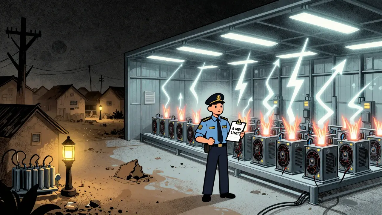 Rural village without power versus industrial crypto farm drawing electricity from the grid.