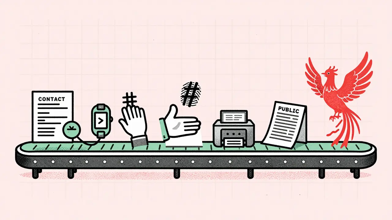 Seven stages of a clinical trial flow like a conveyor belt with hand-drawn icons and risograph textures.