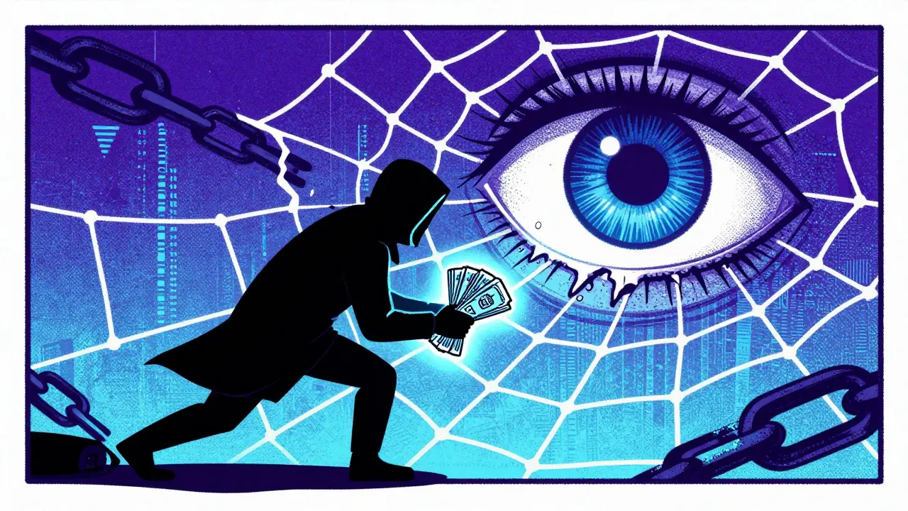 Shadowy thief hiding digital coins from a giant regulatory eye.