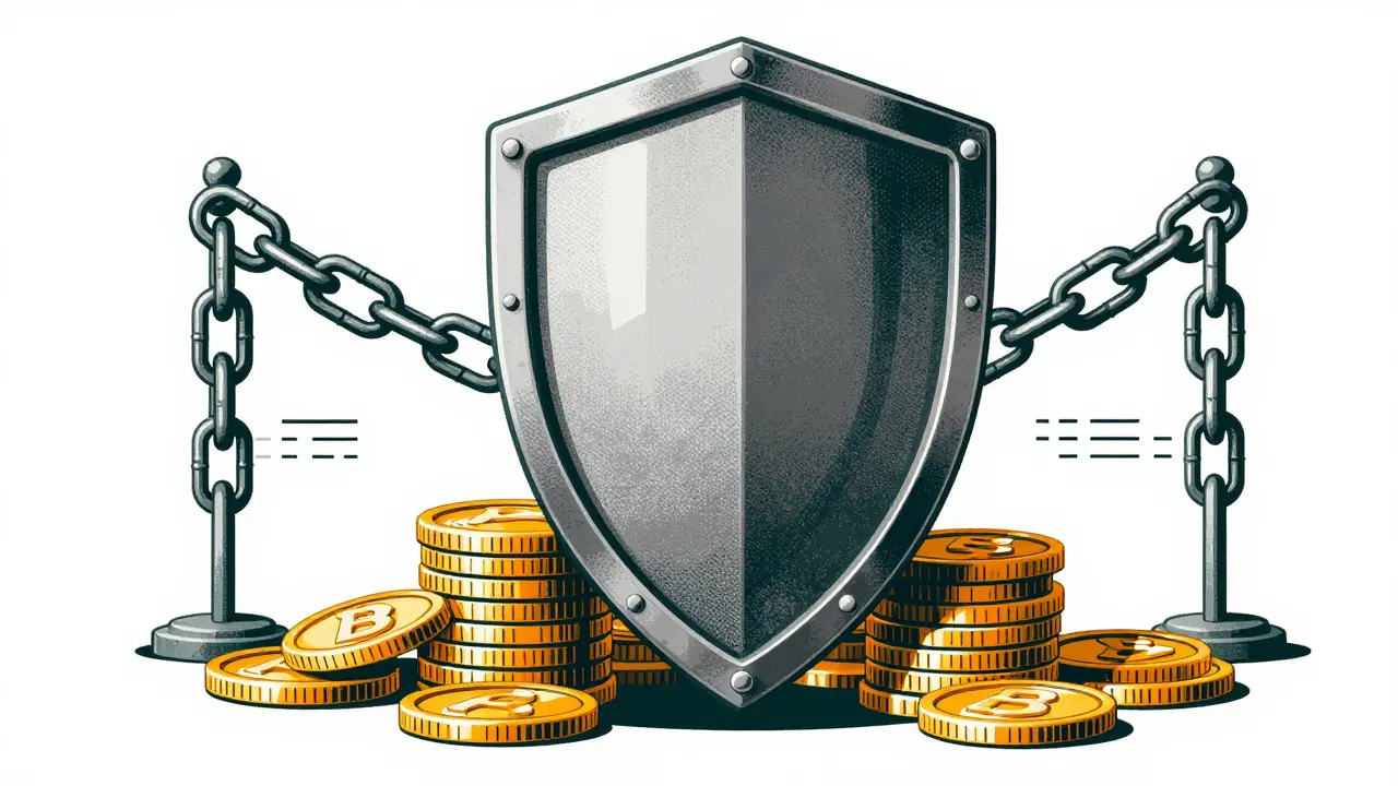 Shield over coins representing security in riso art