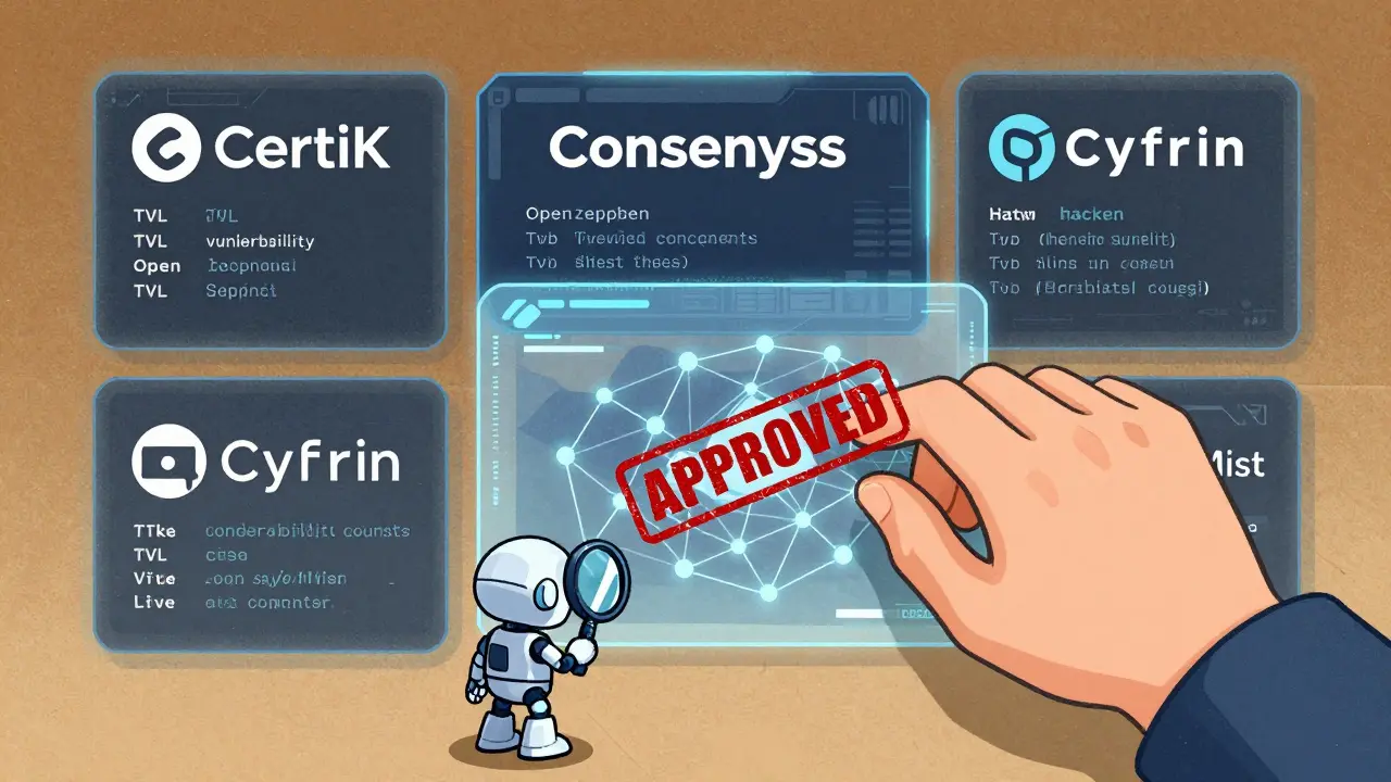 Six audit firms' holograms monitor blockchain security in a futuristic command center with a final approval stamp.