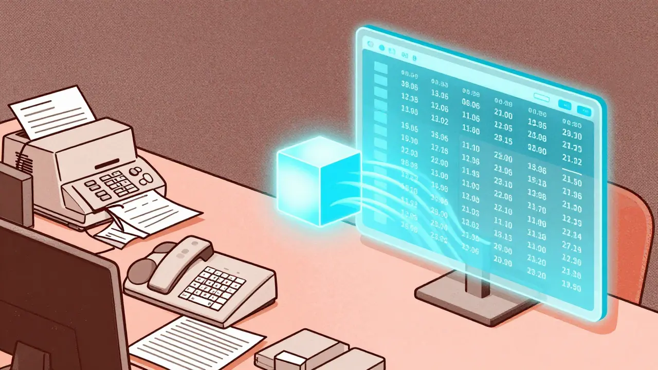 Split scene: 1990s office on left, modern blockchain dashboard on right, connected by a glowing block.