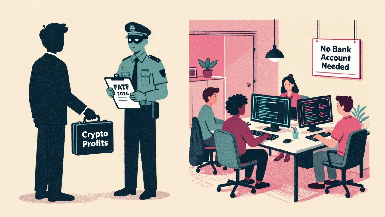 Split scene: a regulator accepting crypto profits on one side, developers coding on the other, all in muted Risograph tones.